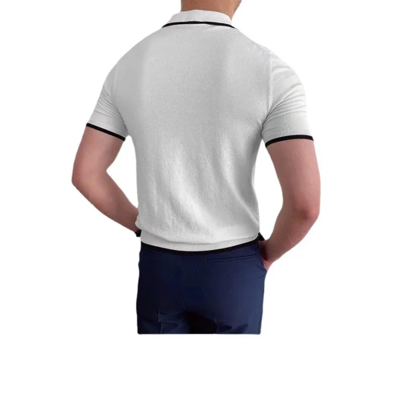 Men'S Light Mature Style Casual Color Block Striped Collar Turn-Down Shirt Men'S Italian Knitwear Thin Summer Short Sleeve