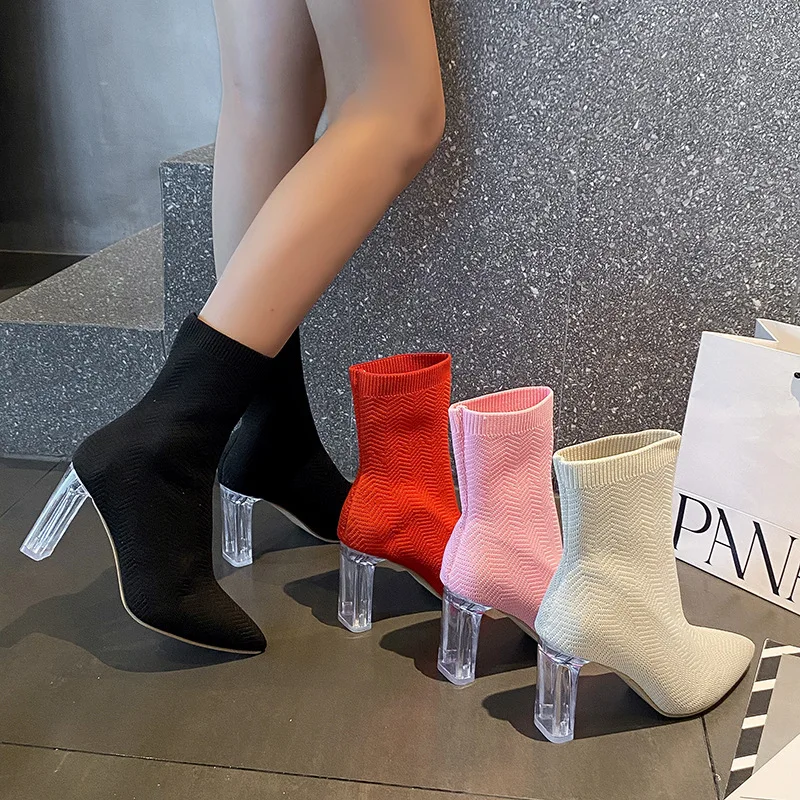 Botas grossas de salto alto de manga curta para mulheres, moda elástica, novo, 2023