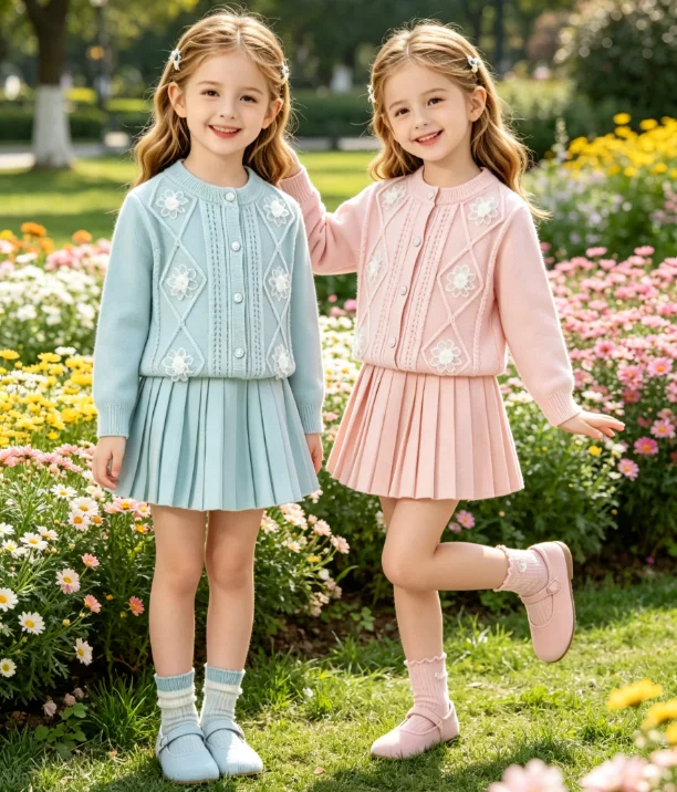 Girls Set 2026 Spring and Autumn New Children's Clothing Korean Girl Baby Solid Color Three-dimensional Flower Cardigan Two Sets