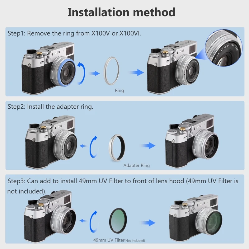 Haoge anel adaptador para filtro de lente, para fujifilm x100v 49mm uv nd visual prata