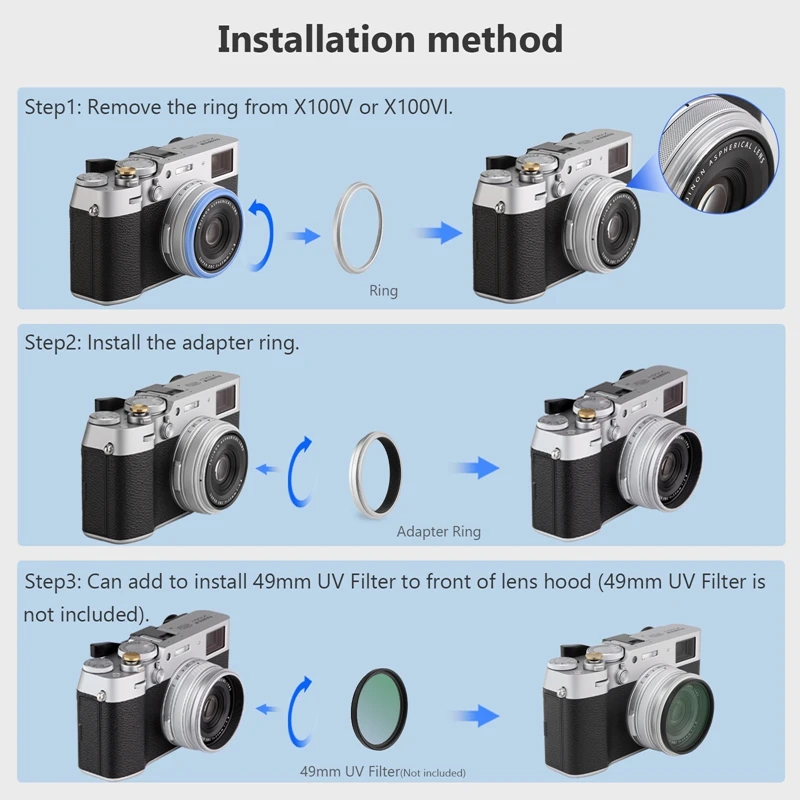 Haoge Lens Filter Adapter Ring for Fujifilm X100V 49mm UV CPL ND AR-X100 Silver