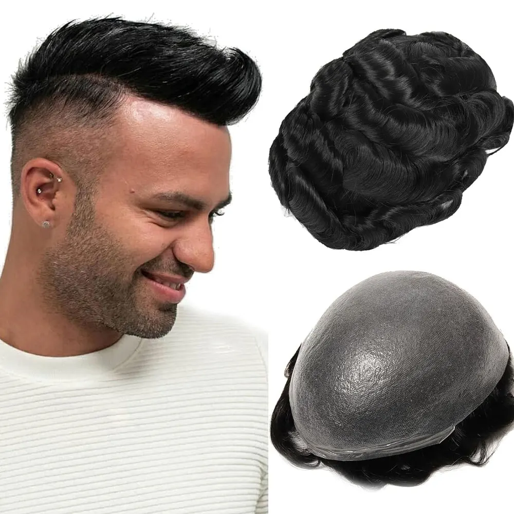 

Curly Thin Skin Toupee for Men Natural Hairline 0.04MM-0.06mm Human Hair Replacement System 8x10 Male Hairpiece Wigs 1B# Black