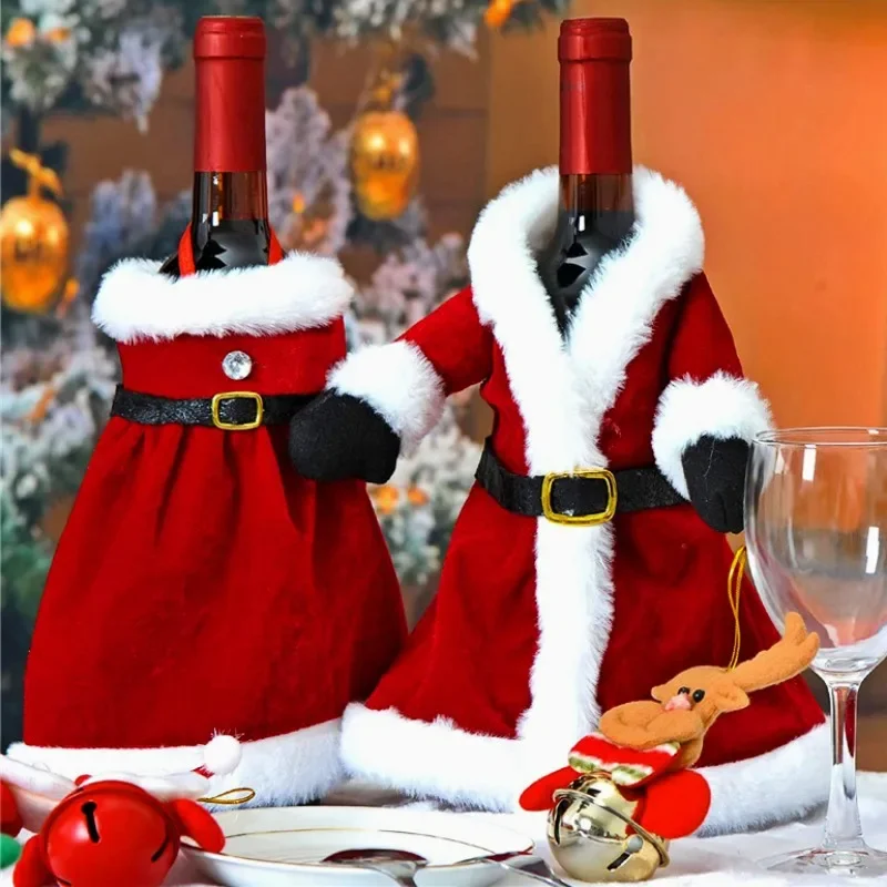 Juego creativo de botellas de vino de Navidad, vestido de terciopelo dorado, fundas para botellas de vino, manga, muñeco de nieve de Papá Noel, decoración de mesa de cena de Año Nuevo de Navidad