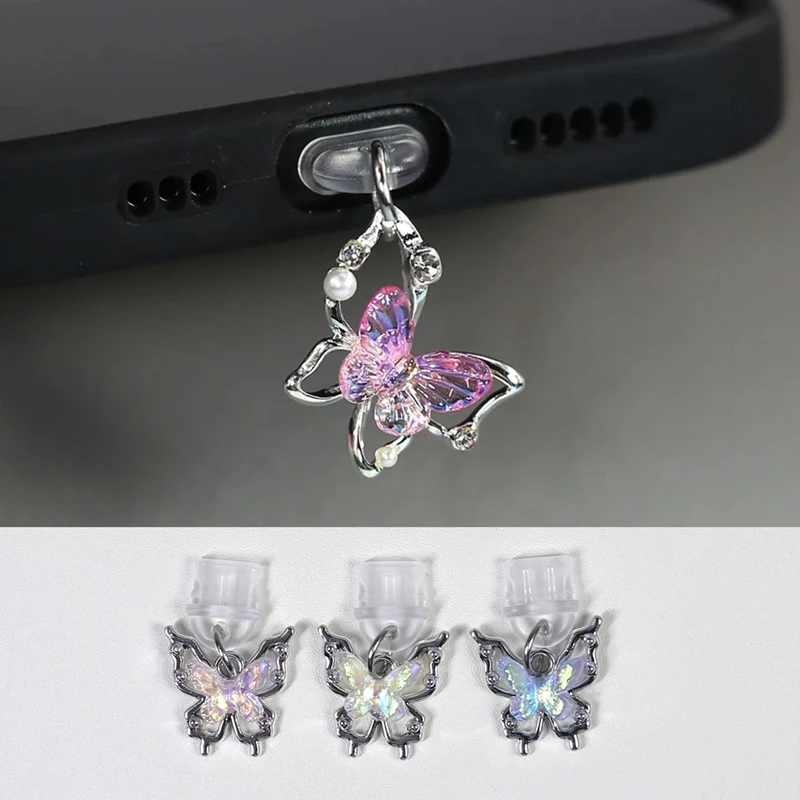 Butterfly Cell Phone Dust Plug USB Interface Dust Plug Hanging Pendnats for Type-C Android Lightning Phone Dust Plug