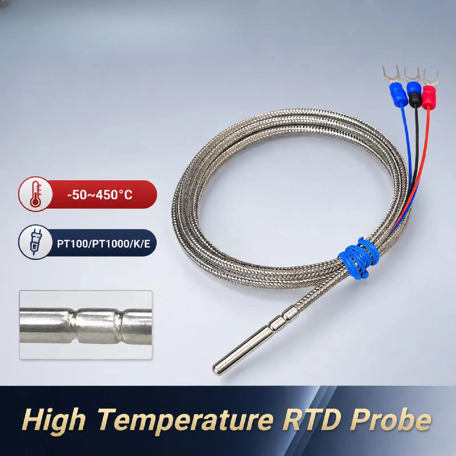 PT100 RTD Sensor High Temperature Platinum Thermal Resistance -50~450℃ Fiberglass Insulated Sensor Crimped Probe