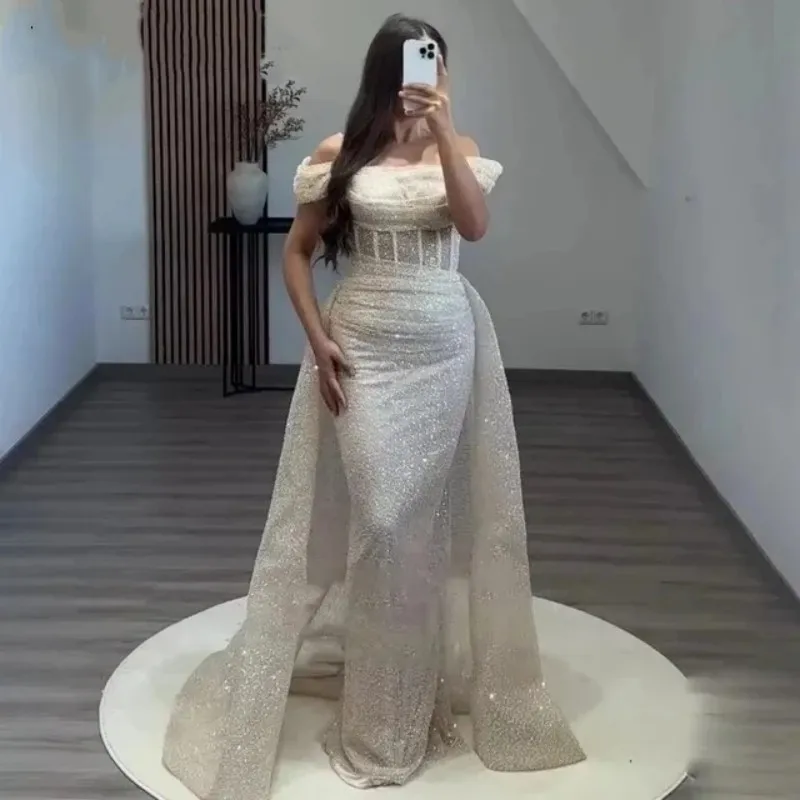 

Flora Dress Beige Shinning Sequins Prom Dress Mermaid Off Shoulder Evening Dress Dubai Arabic Formal Party Gown Robes De Soirée