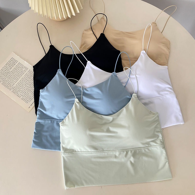 Women Crop Tops Sexy Solid Color Camisole Ice Silk Tube Top Seamless Sports Tank Top Wireless Underwear Padded Bra Bralette Vest 