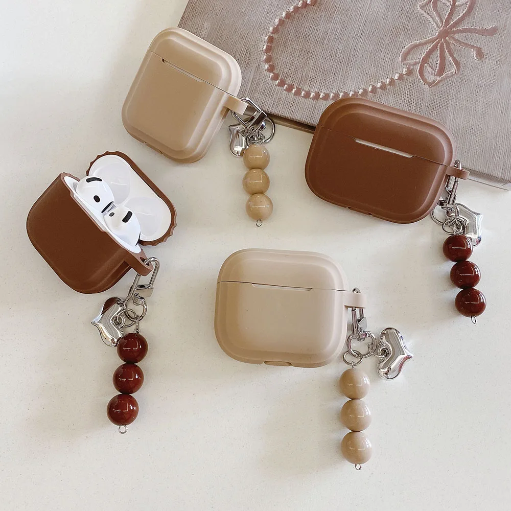 

Brown Silicone Case For AirPods 4 ANC Pro 2 Earphone Protecitve Cover For AirPods 1 2 3 4th Soft Case with Heart Bead Keychain