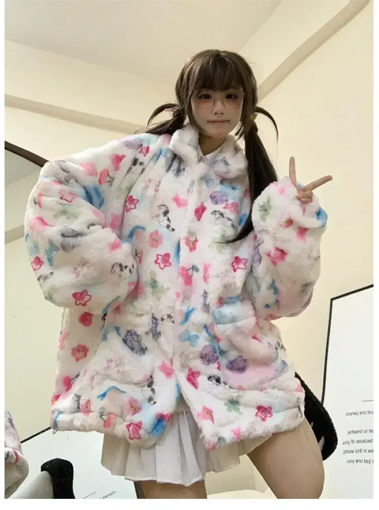 Winter Furry Parkas Women Dog Cartoon Printed Loose Casual Korean Outerwear Coats Female Thick Warm Pocket Lolita Kawaii Jackets