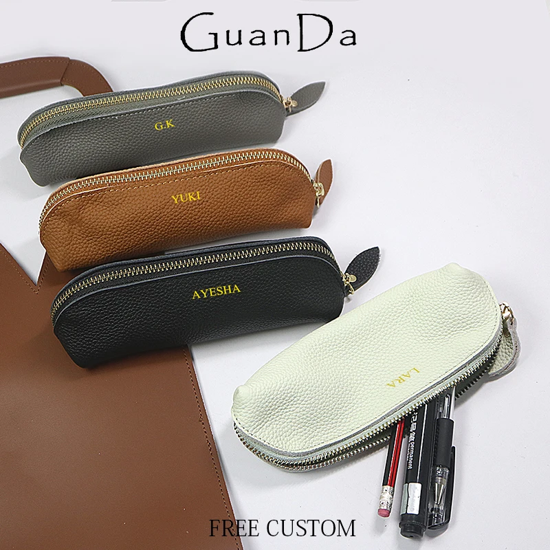 Luxury Skincare Samples - Engrave Initials Genuine Leather Pen Pouch