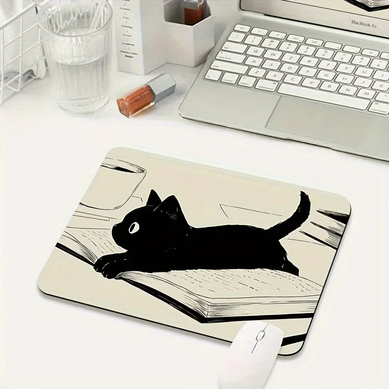 Black Cat Illustration Mouse Pad Small Office Table Mats Computer Accessories Washable Non-slip Rubber with Precision Lock Edge