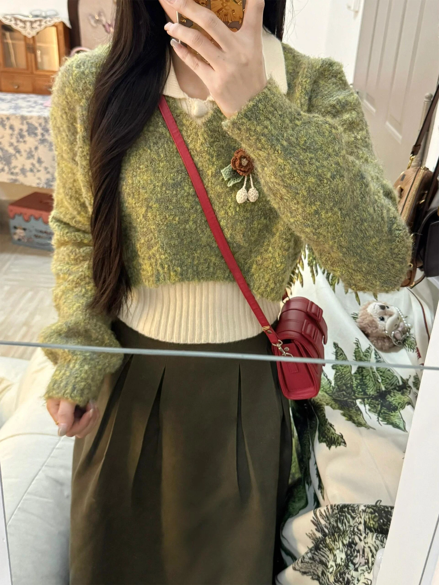 

een Knitted Sweater And Vintage Skirt Women's Autumn Faion High Quali Set Sweet Sle Long Sve Collar or...