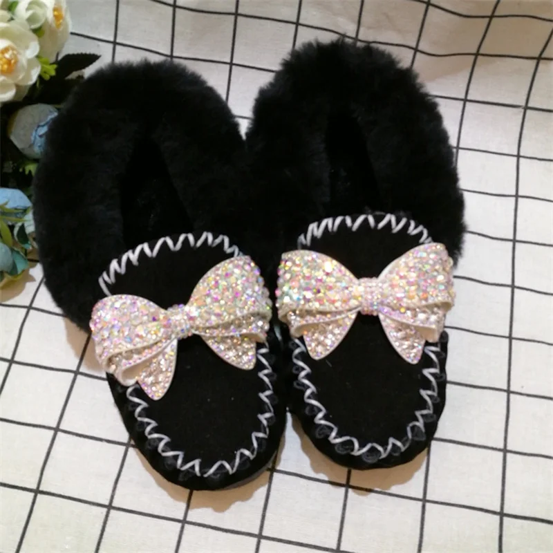 

Hand-made original diamond bow jewel fur one-piece flat baby shoes