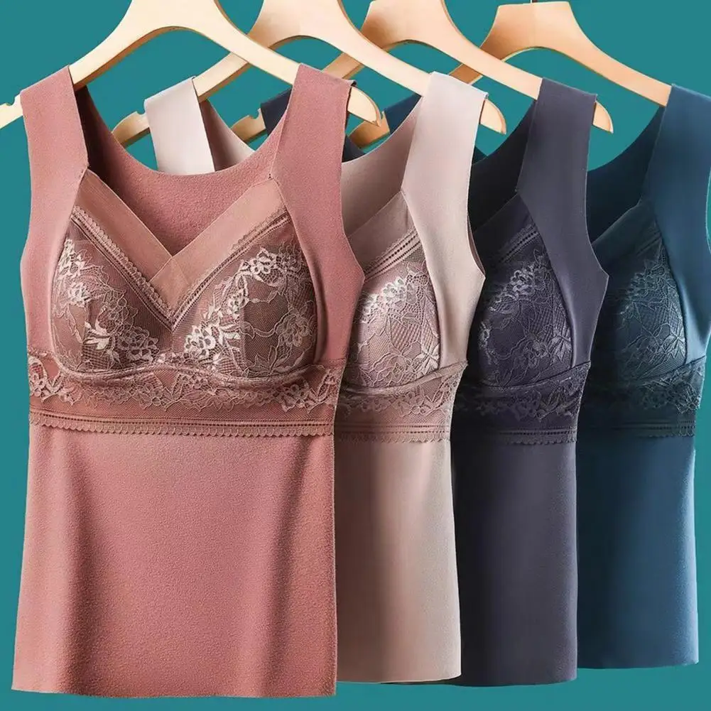 Darlon Lining Bra Camisole Embroidery Lace Women Thermal Bra Seamless Push Up Chest Pads V-Neck Thermal Vest Winter Underwear