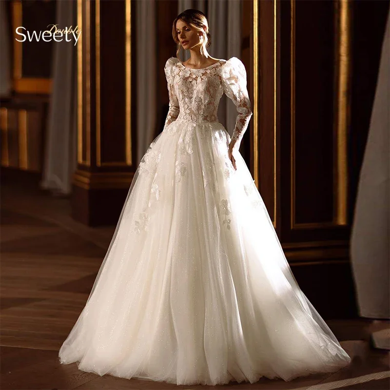 Romantic Wedding Dress Organza With Embroidery Lace A-Line Ballgown O-Neck Puff Sleeves Bride Button Customized Vestido De Novia