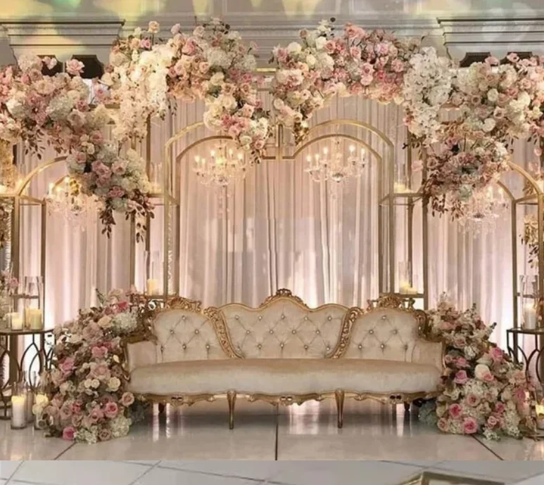 Stage activities, party props, flower racks, 3D golden rectangular arches, sparkling wedding background frames, arches