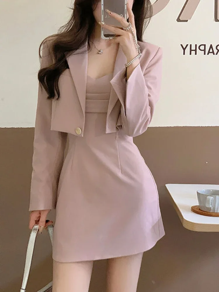 Korean Fashion Y2k Elegant Solid Mini Skirt Suit Women Casual Vintage Pink Long Sleeve Set Female Blazer Coat+Strap Dress 2024