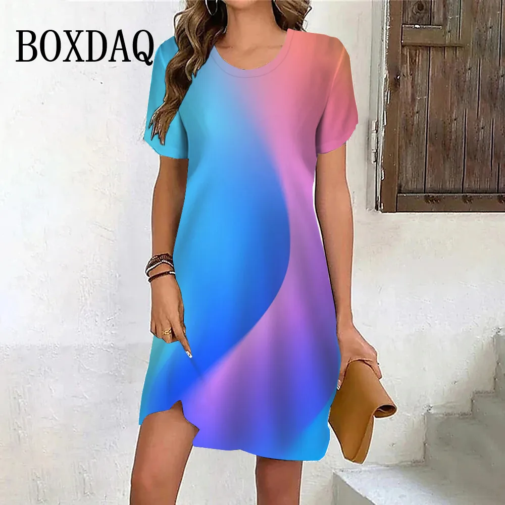 2024 New Women's Mini Dresses Gradient Rainbow Print Elegant Casual O Neck Short Sleeve Summer Dress Fashion Plus Size Clothing