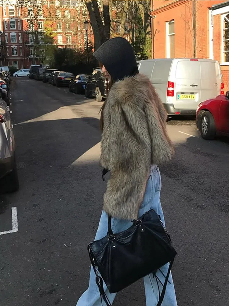 Sólido casaco de pele do falso recortado feminino elegante em torno do pescoço manga cheia fofo solto jaqueta 2025 novo inverno senhora do escritório commute casacos