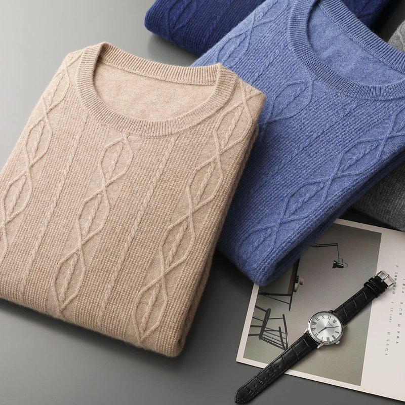 

CHENJAYOO Men's 100% Pure Cashmere Sweater Casual Solid Round Neck Knitted Hoodie Thick Wool Tops Loose Junmper Warmth