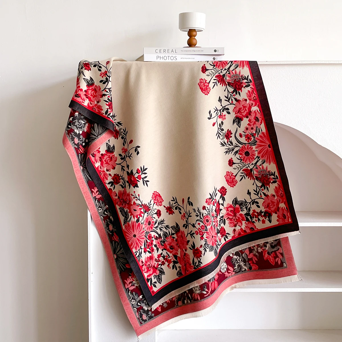 Brand Fashion Damen-Winterschal aus warmem Kaschmir – Pashmina-Schal mit Blumenmuster, dicker Schal, Wickel- und Poncho – Detail 14