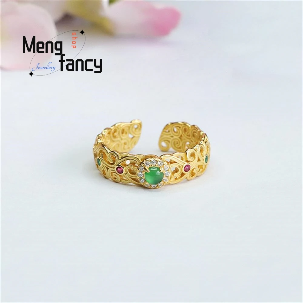 S925 Silver Inlaid Natural Jadeite Ring Icy Emperor Green Country Tide Finger Exquisite Elegant High-grade Fashion Fine Jewelry