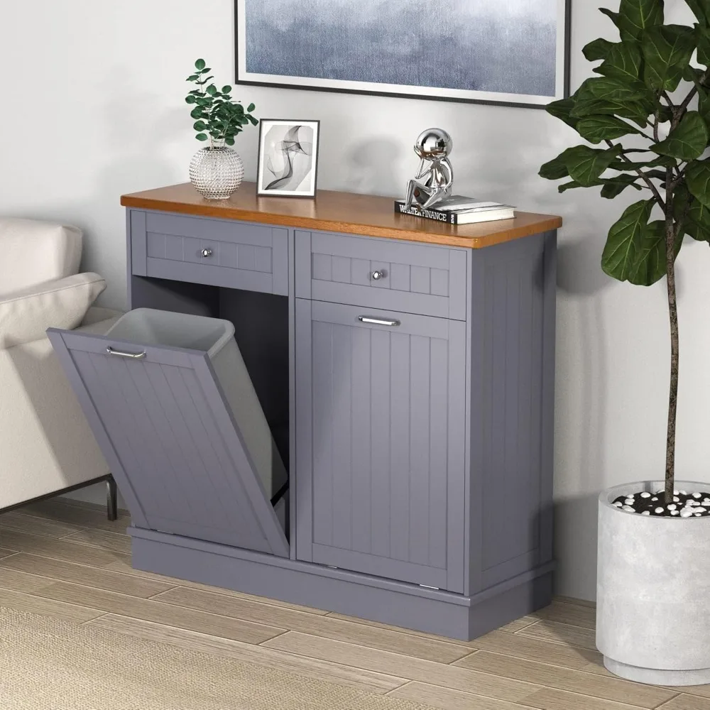 

Tilt Out Trash Cabinet 10 Gallon Wooden Free Standing Laundry Sorter Cabinet,Recycling Cabinet with Hideaway Drawer,Tilt Out Tra