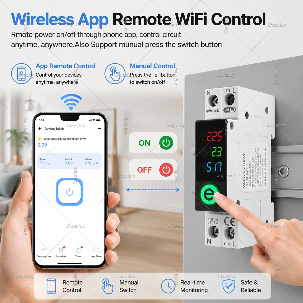EWeLink WiFi Smart Circuit Breaker Switch 1P 63A kWh Energy Metering Monitoring Voltage Current Protection Timer Relay For Alexa