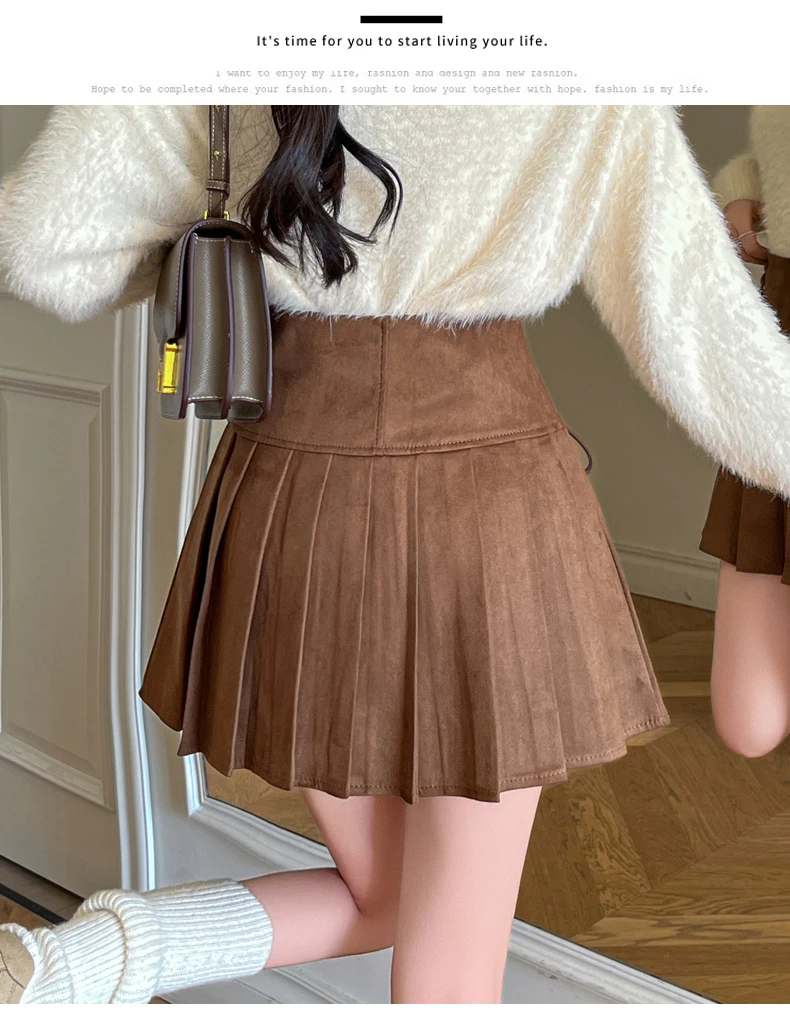 Women's 2025 New Collection Suede A-Line Skirts High Waisted Pleated Mini Flared Skirt for Autumn Winter, Casual Short Skirt