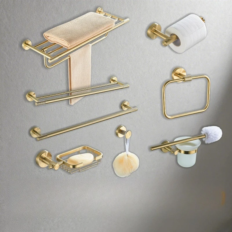 High‑Grade 304 Stainless Steel Towel Rack, Brushed Matte Gold Wall‑Mount Single & Double Rod Bathroom Hanger