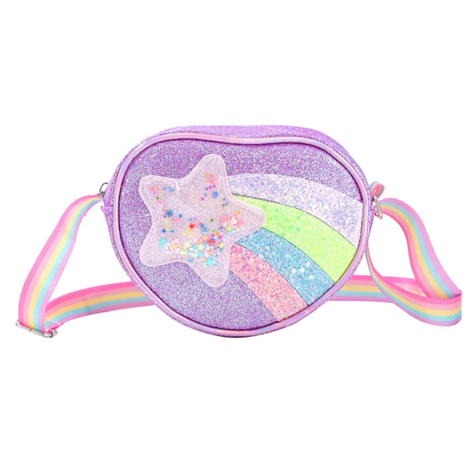 

Girls Heart Shape Mini Bag Rainbow Glitter Waist Bag New Kid Shoulder Bag Cartoon Rainbow Sequin Bags Toddler Princess Purse