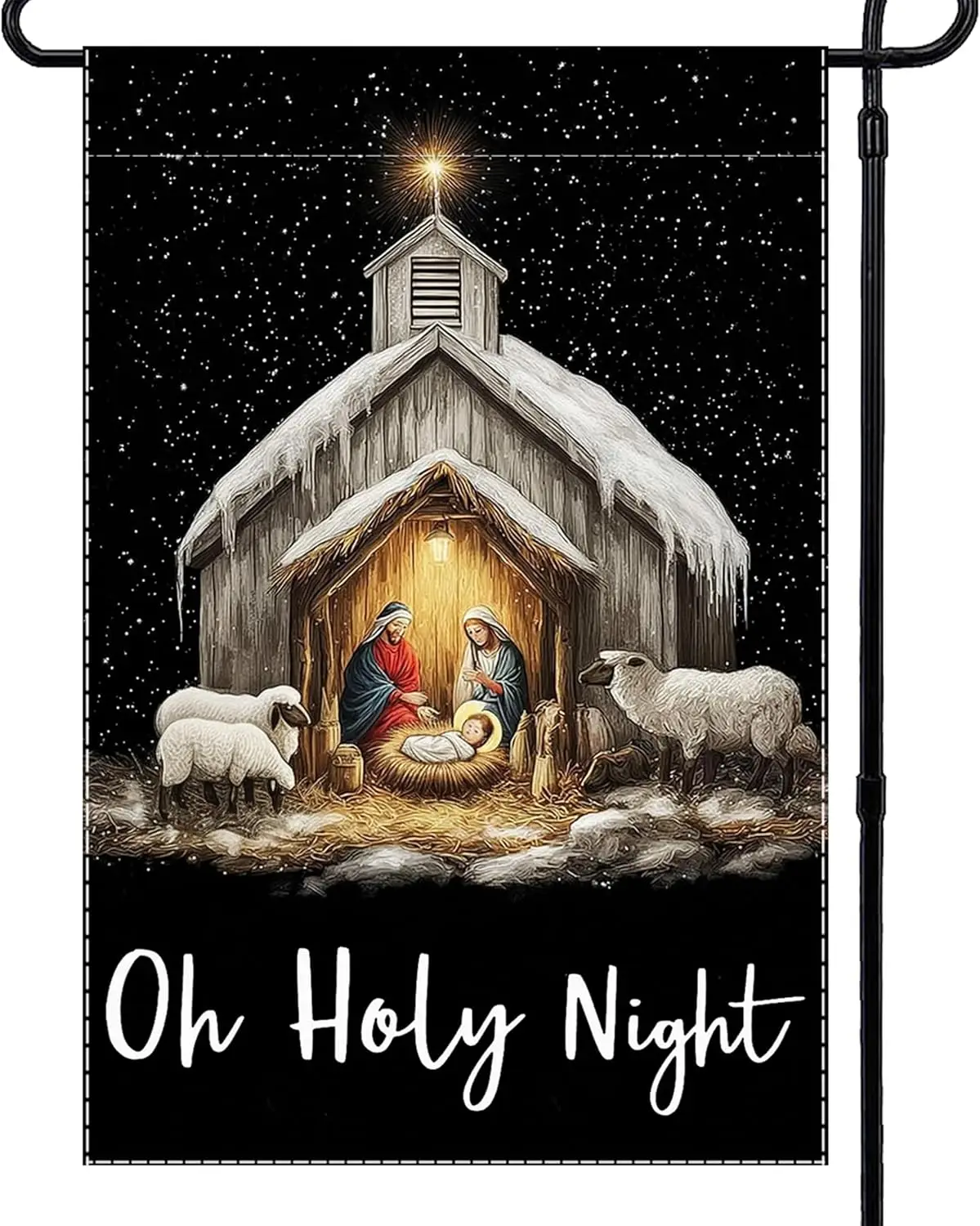 Christmas Garden Flag Oh Holy Night Winter Small Flags for Outside, 12x18 Inch Jesus Double Sided Burlap Banner Holiday Outd PPM