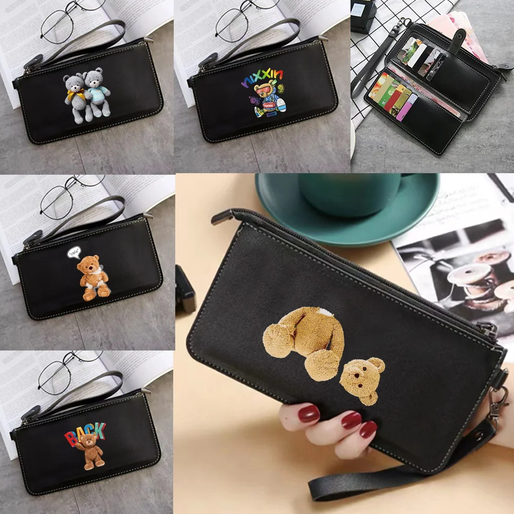 

Женский кошелек на молнии, прочный, вместительный, минималистичный клатч с узором в виде медведя, кожаный, для карт и монет, простой дизайн