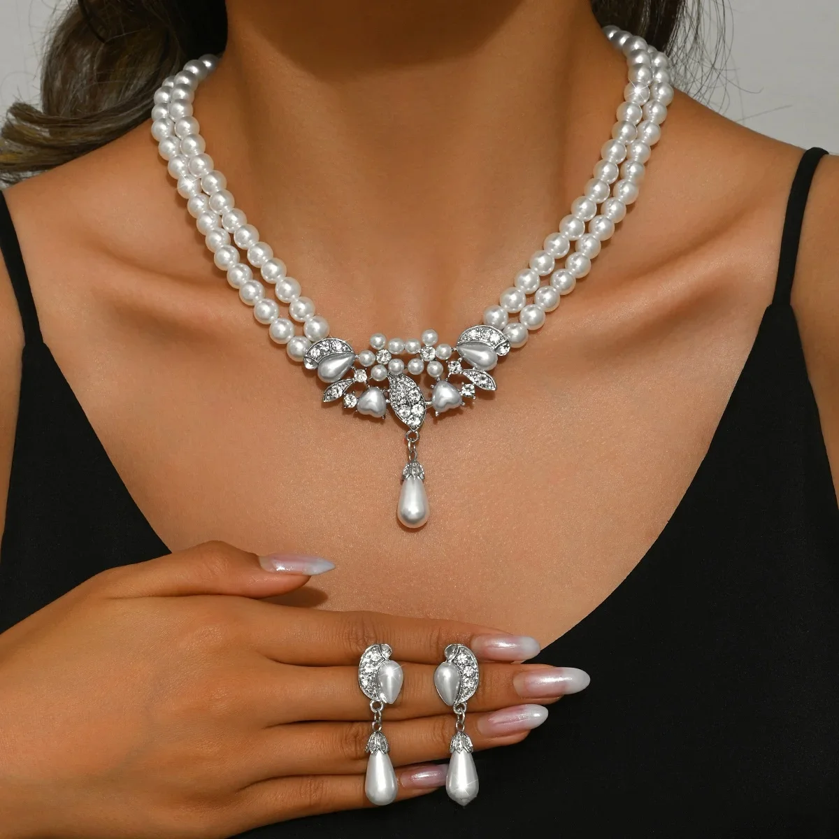 진주 꽃 목걸이 귀걸이 세트 여성을위한 우아한 라인 석 쥬얼리 세트 결혼식 날짜 파티 휴일
