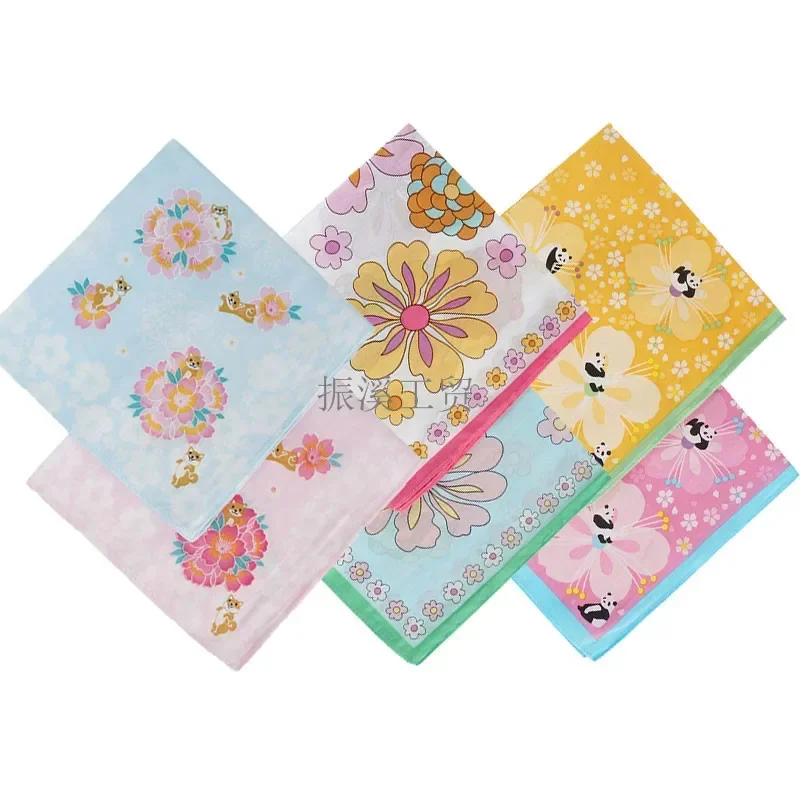 3Pcs 40x40cm Lovely Cartoon Animal Flower Printed 100% Cotton Women Girls Handkerchief Sweat Wiping Square Towel Birthday Gift