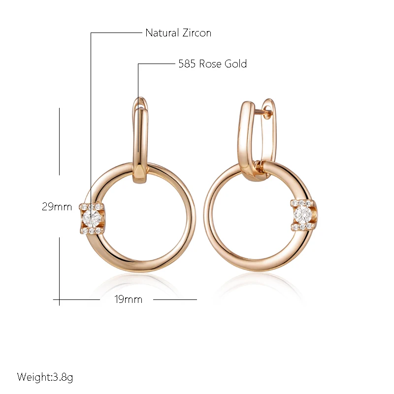 Kinel Fashion 585 Rose Gold Color Glossy Hollow Round Drop Earring for Women Unusual Shiny Natural Zircon Daily Fine Jewelry