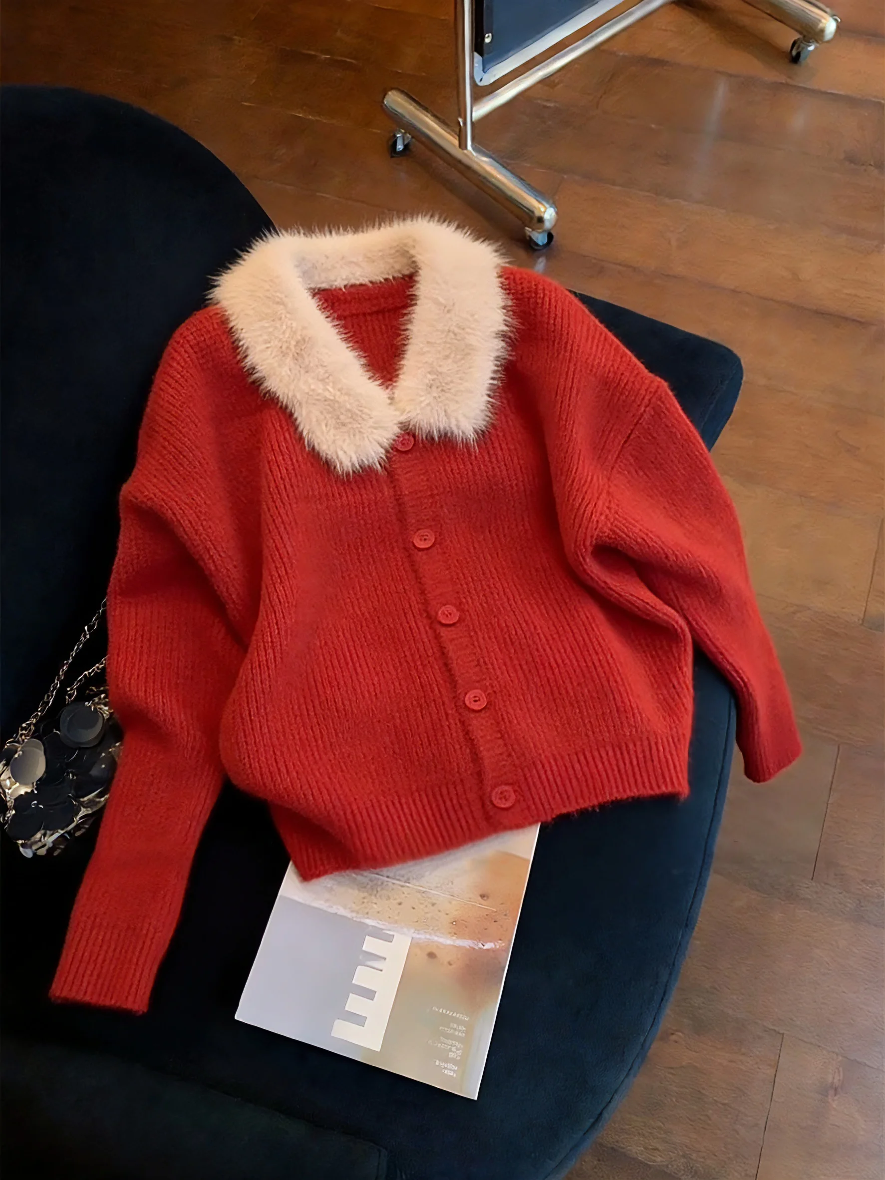 

New Year Red Collar Knitted Open Cardigan Men's Spring Autumn Unique Versatile Sweater Casual Sle Regular Fit Warmth