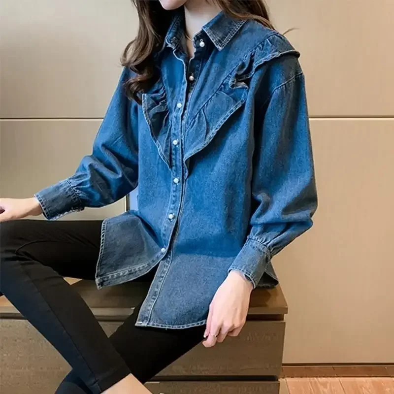 Korean Vintage Solid Color Denim Blouse for Female Spring Autumn Long Sleeve Fashion Ruffles Spliced Shirt Women\'s Clothing New