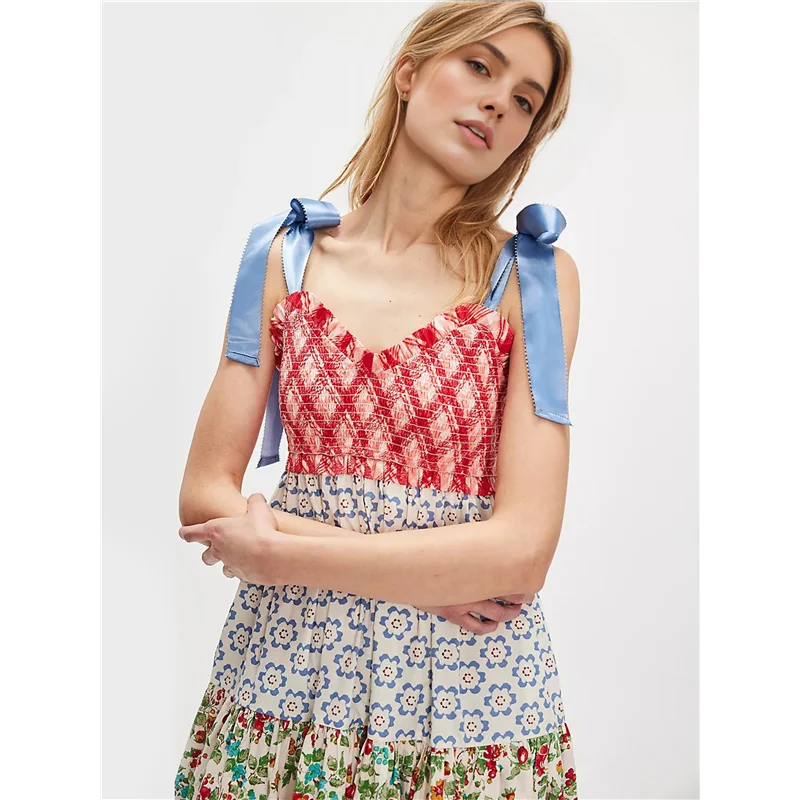 AOAO-ผู้หญิงลายดอกไม้โบโฮชุดเดรสผูกไหล่ Smocked Patchwork Flowy Maxi Dress พร้อมกระเป๋าฤดูร้อนฤดูใบไม้ร่วง
