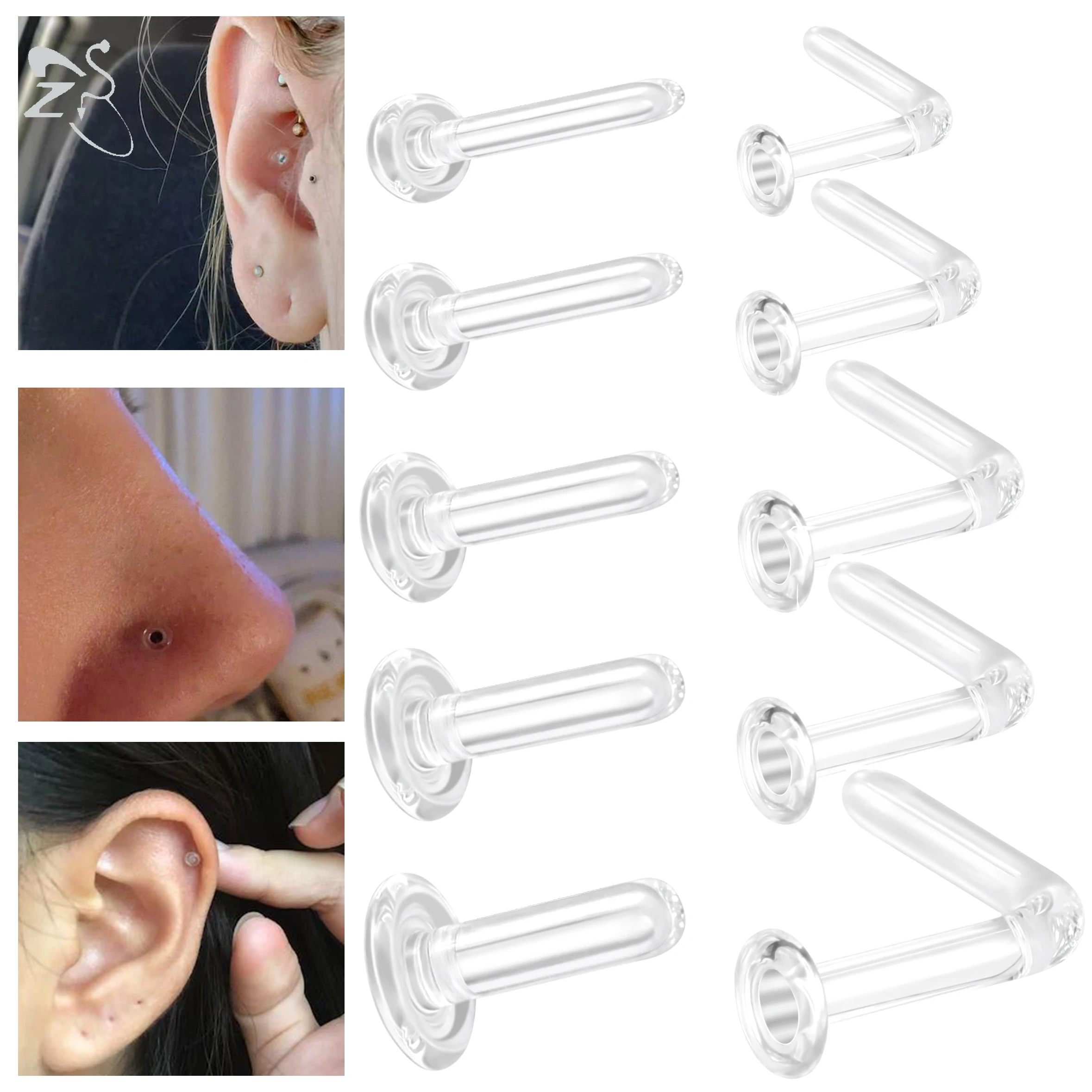 

ZS 1PC Glass Clear Nose Piercing Retainer Hypoallergenic I&L-Shape Nose Stud 18-10G Nostril Retainer Ear Tragus Helix Piercings