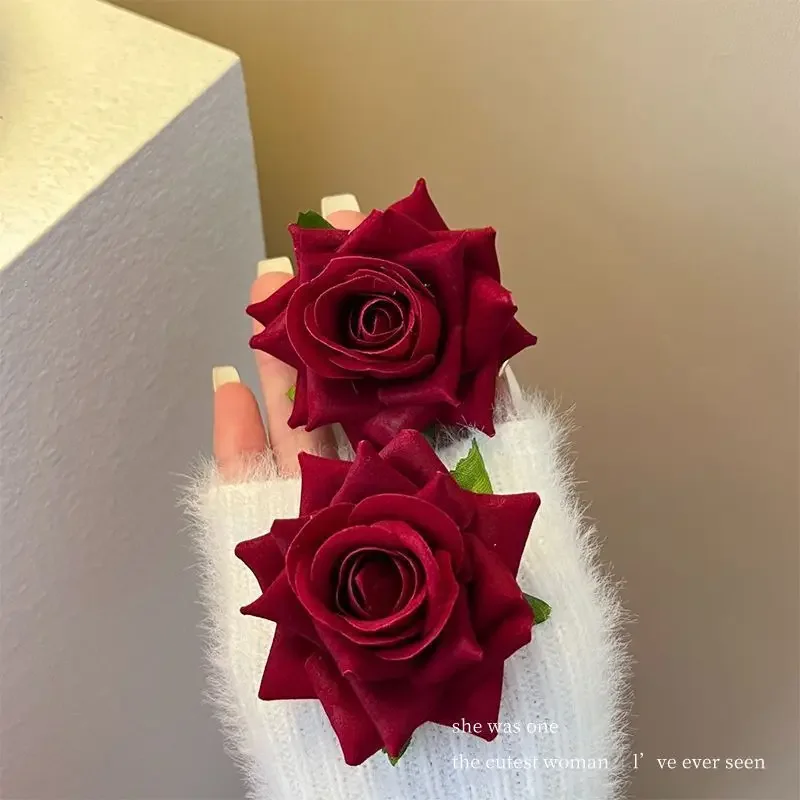 Red Rose Flower Hairpin Women Brooch Bridal Wedding Party Hair Clips Rose Artificial Flower Hair Accessories for Girls Headwear