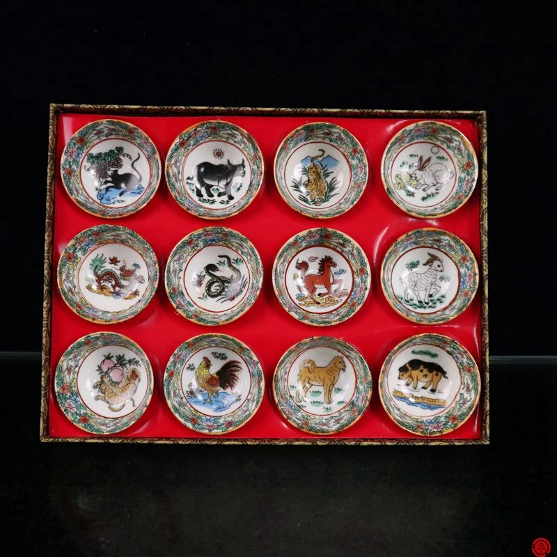 

Antique porcelain collection, Jingdezhen ceramic pastel zodiac picture cup set, gift collection