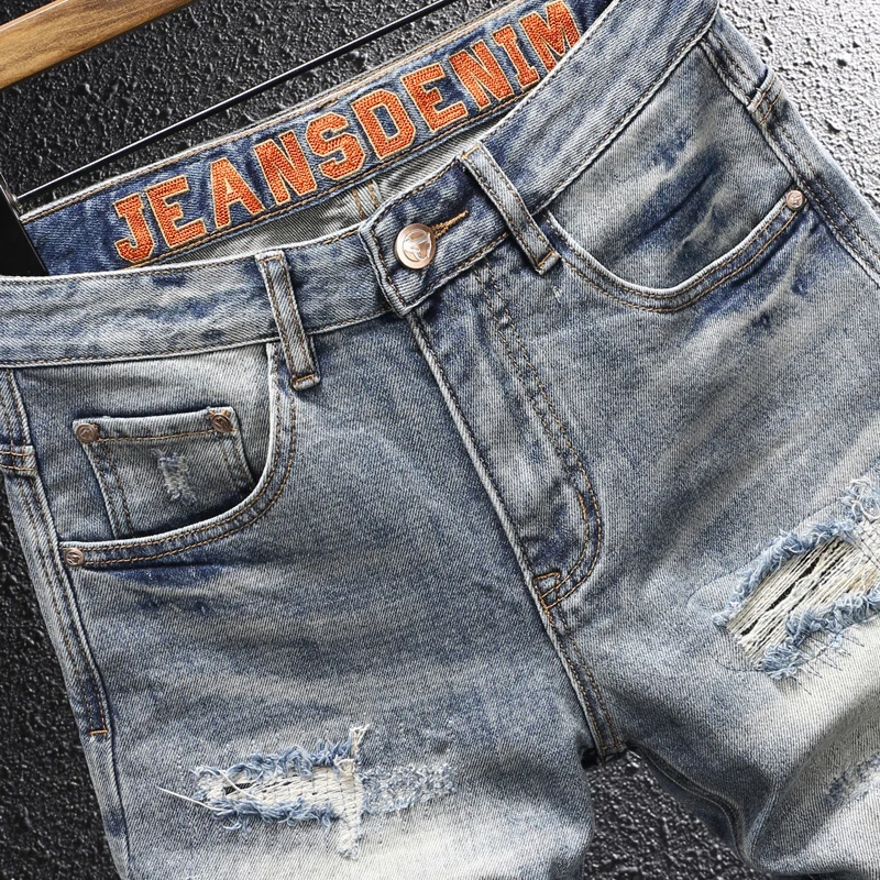 Summer Designer Fashion Men Jeans Retro Washed Blue Stretch Ripped Denim Shorts Men Y2K Embroidery Patched Vintage Shorts Hombre