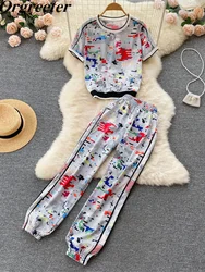 Summer New Tracksuit Women Outfits Female Print O-neck Tshirt +Elastic waist Pants Two Piece Set Casual 2 Piece Set