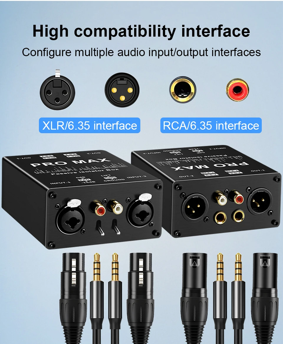 6,35mm auf XLR Stereo Audio Isolator DI Ground Box Geräuschunterdrückung für Gitarre, Mikrofon, Soundkarte und Aufnahme – Detail 3