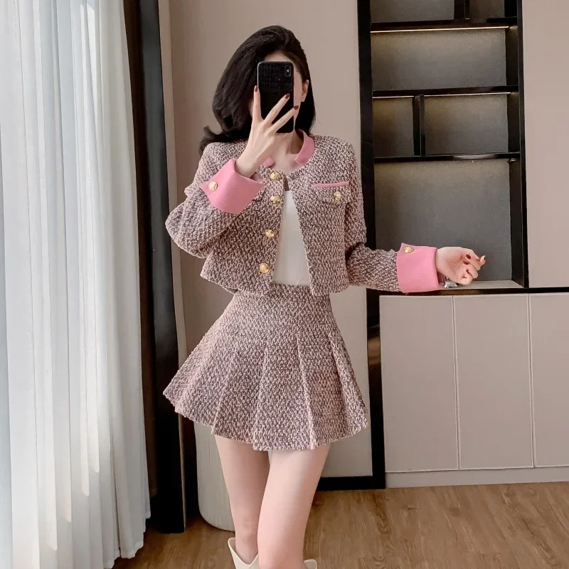 2025 Autumn Winter Classic New High-end Spliced Long Sleeves Tweed Blazer Jacket + High-waist Pleated Skirt Two-piece Set Women