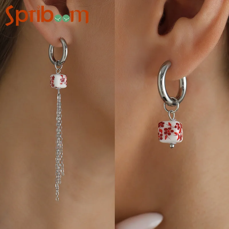 Ceramic Tassel Hoop Earrings Floral Print Asymmetric Drop Earrings Silver Color Chain Dangle Earring Women Fashion Jewelry Gift