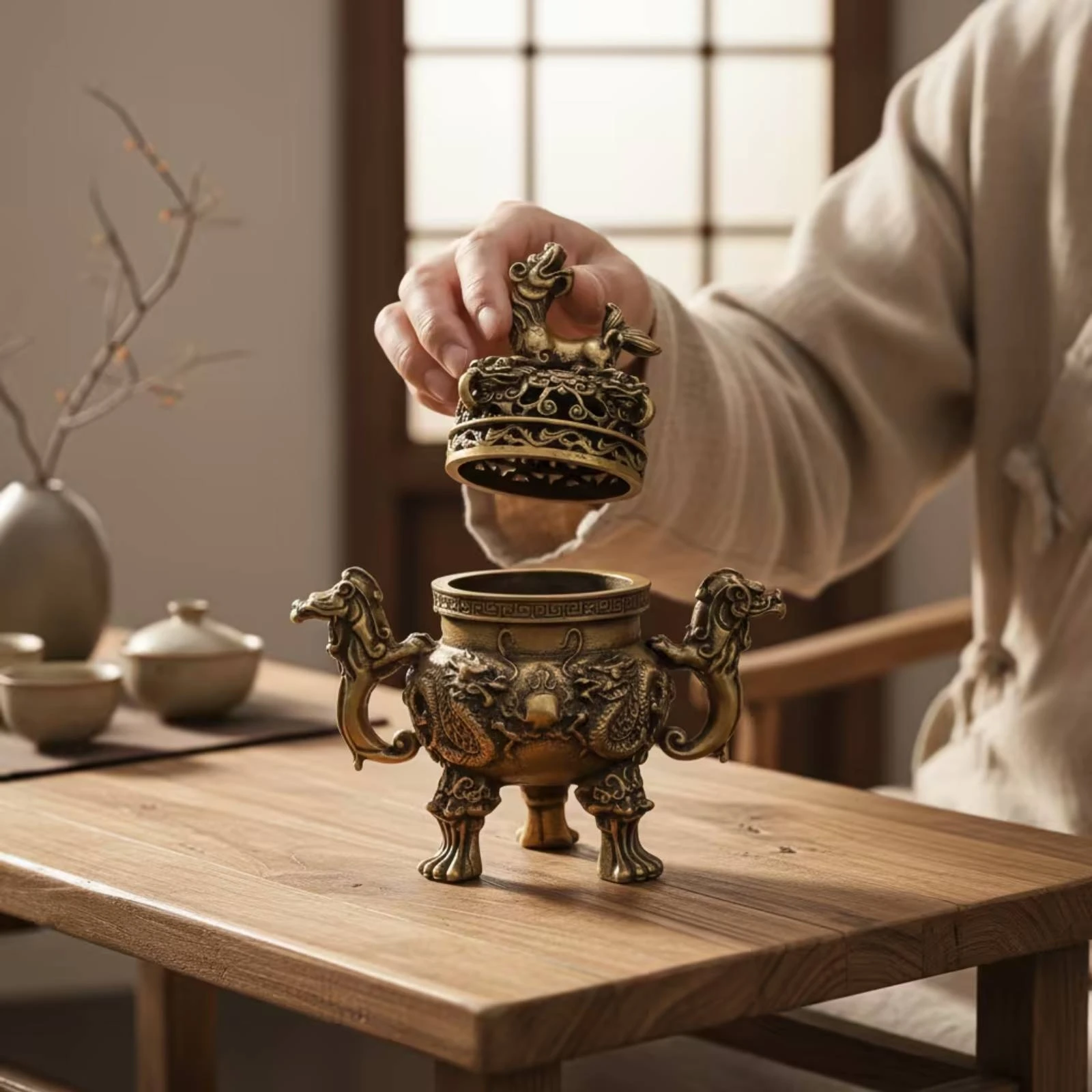 Dragon Incense Burner Antique-Style Tripod Censer Incense Burner with Lid Decorative Kettle Censer Vintage for Collectors