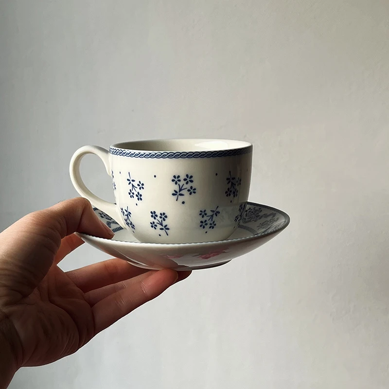 Vintage Ceramic Coffee Cup and Saucer Set, European Style Tea Cups, Blue and White Tea Mug, Afternoon Tea Water Mugs