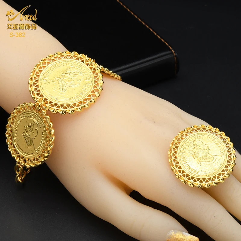 ANIID Indian Gold Color Coin Tassel Pendant Necklace Jewelry Sets Dubai Party Bridal Wedding Fashion Choker Bracelets Set Gifts